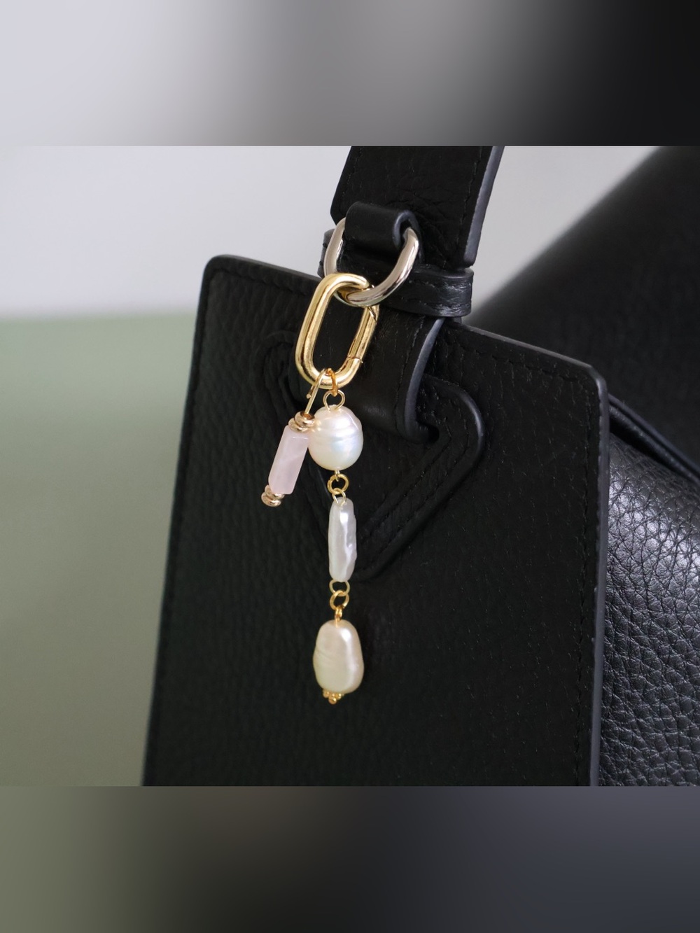 18k Gold Bag Charm with Rose Quartz and Freshwater Pearls